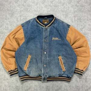 Vintage 90s Port Authority Denim Varsity Jacket Mens XL Canvas Sleeve Workwear